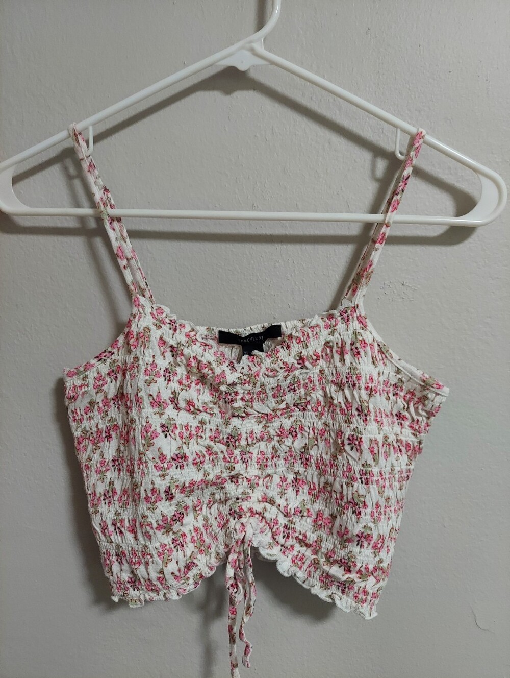 Forever 21 White Pink Floral Smocked Crop Cami